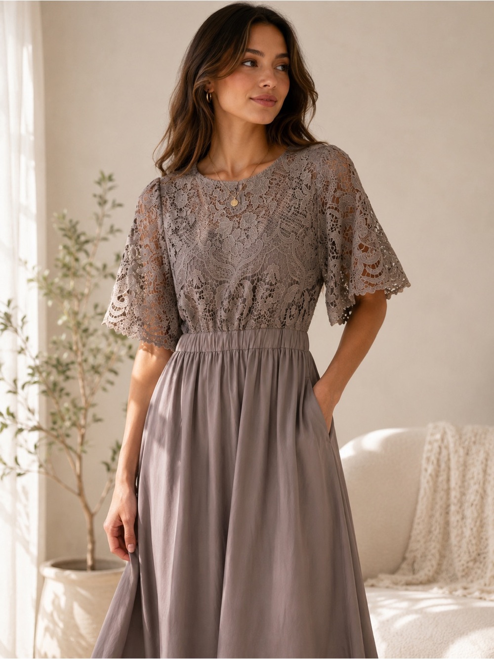 Polagram Lace Bodice Maxi Dress in Dusty Lavender